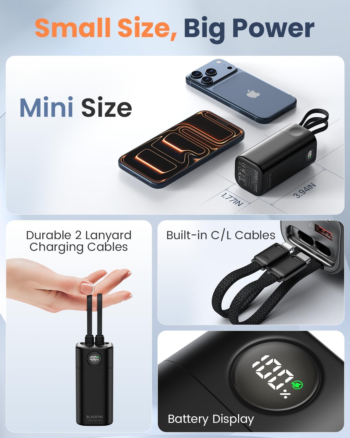 Portable Power Bank 20,000mAh for Travel & Outdoor, PD 35W Super Fast Charging Portable Charger with 2 Built-in Cables, USB-C Digital Display, Large-Capacity Charger for iPhone Air 17/16/15/14/13 - Image 3