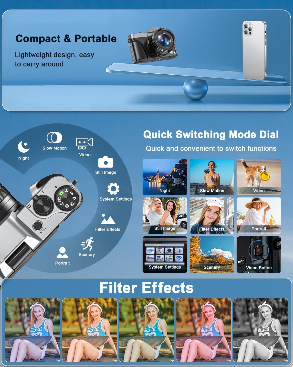 4K Digital Camera for Photography, WiFi 64MP Autofocus Vlogging Camera for YouTube, 3" 180° Flip Screen, 16X Zoom Antishake Compact Point and Shoot Travel Cameras with 32GB SD Card, 2 Batteries, Black - Image 7