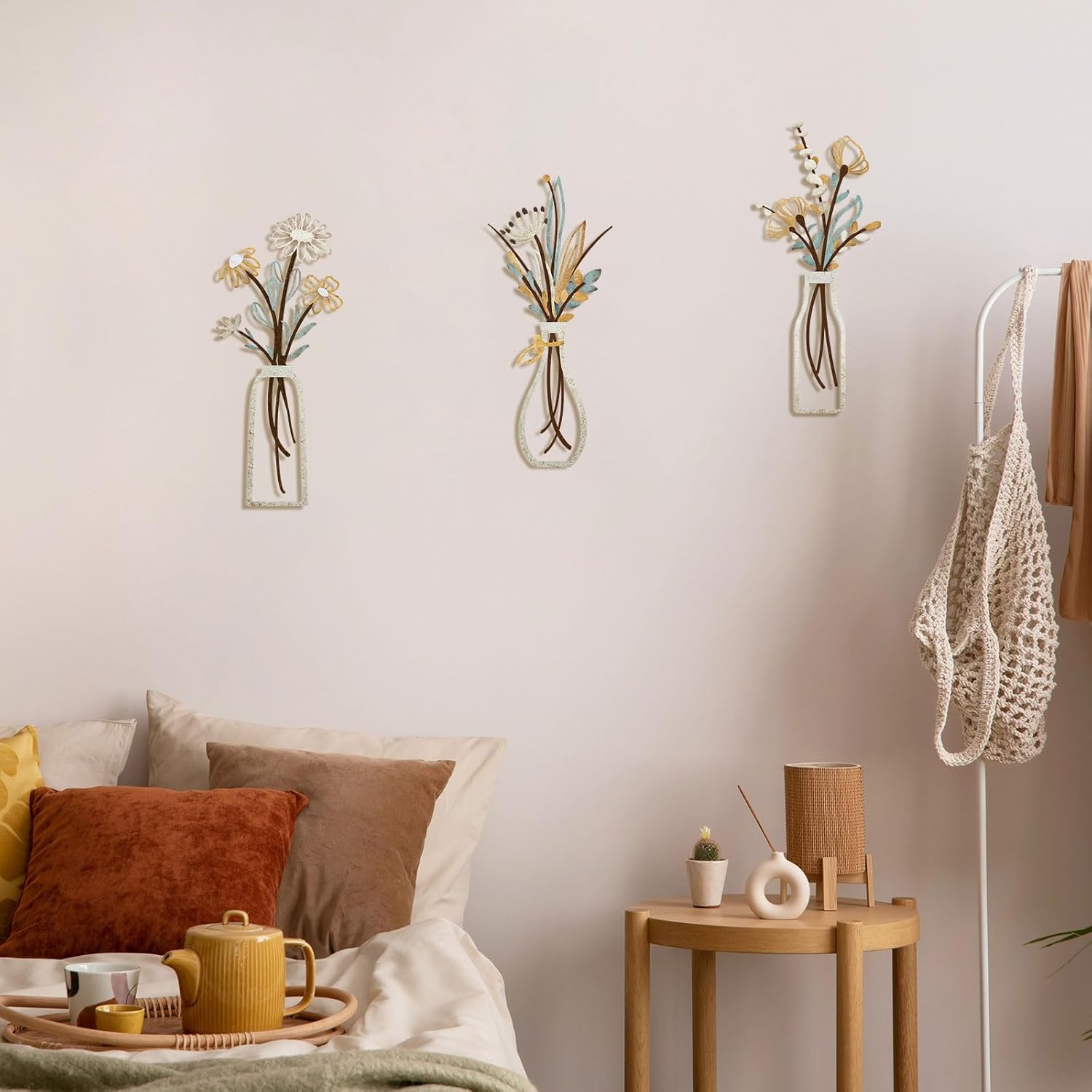 Pigort 3 Pieces Metal Flowers Wall Art- Rustic Farmhouse Decor Minimalist Decor for Living Room Bathroom Bedroom Dining Room, Housewarming Gifts Christmas Decoration(Beige, Vase-C) - Image 5