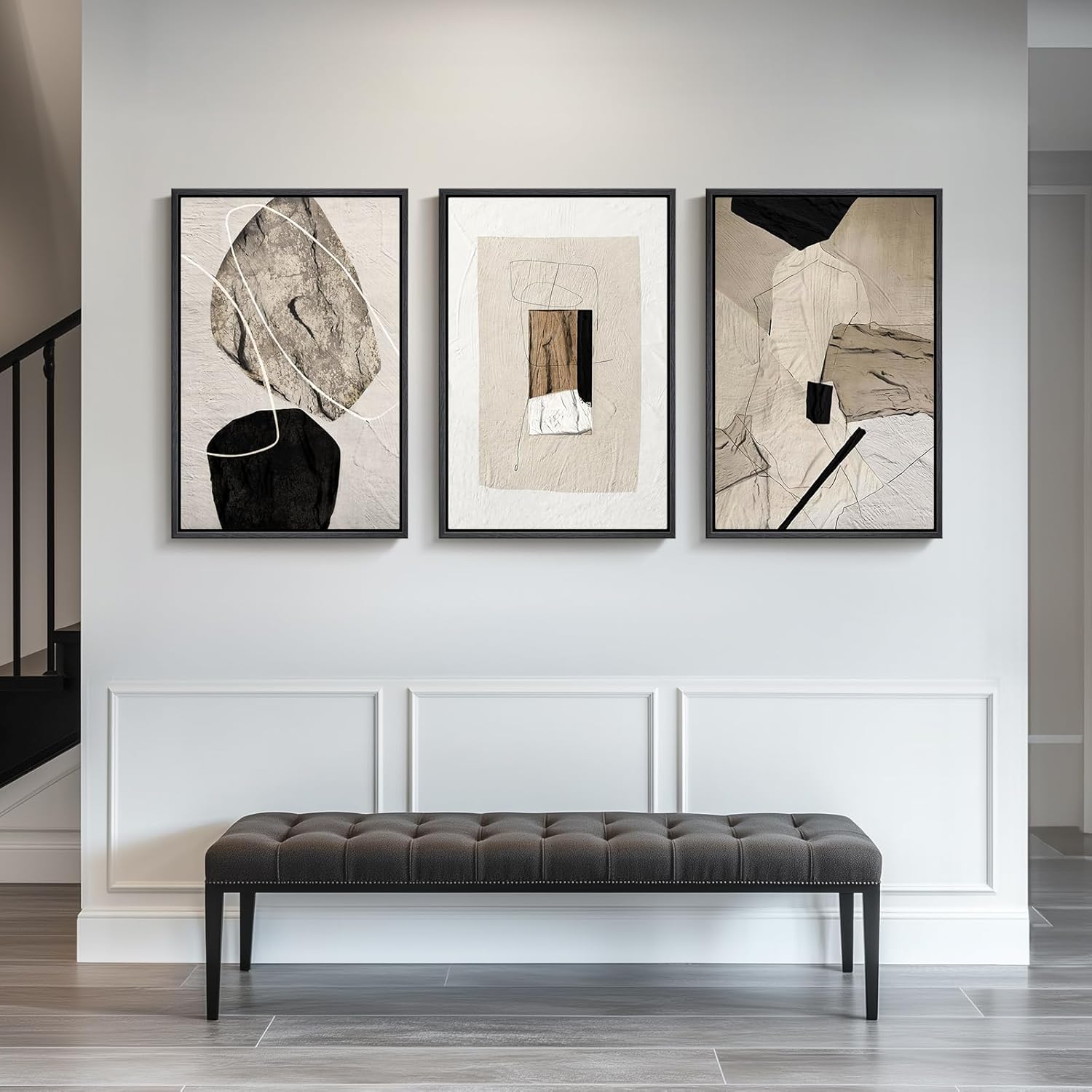 Large Framed Neutral Abstract Wall Art for Living Room, 3 Piece Modern Canvas Prints Paintings Artwork for Walls, Black and Beige Pictures for Living Room Hallway Stair Office Wall Decor 24x36 Inch - Image 8