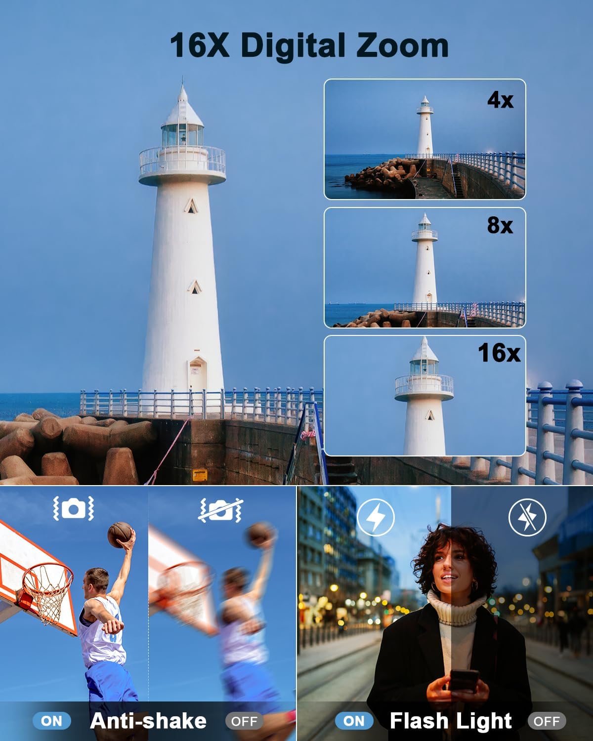 4K Digital Camera for Photography, WiFi 64MP Autofocus Vlogging Camera for YouTube, 3" 180° Flip Screen, 16X Zoom Antishake Compact Point and Shoot Travel Cameras with 32GB SD Card, 2 Batteries, Black - Image 6