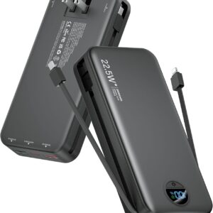 Portable Charger Power Bank, 20000mAh 22.5W USB C Fast Charging with Built-in Cables & Wall Plug, External Battery Bank with LED Display, Travel Essential for iPhone, iPad, Samsung Black