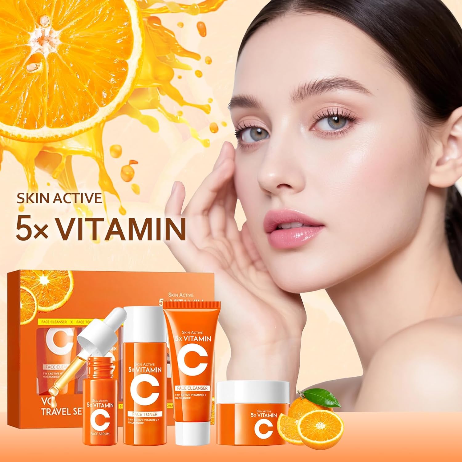 4-in-1 Vitamin C Skincare Kit for Women, Moisturizing & Hydrating Skincare Travel Kit, Face Care Gift Set with Facial Cleanser, Toner, Serum and Face Cream - Image 2