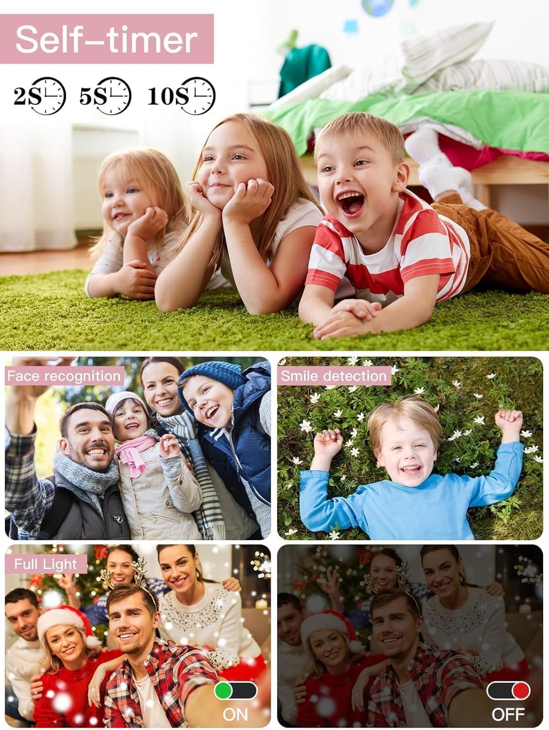 Upgrade Digital Camera, 56MP FHD 1080P Camera for Kids with 16x Zoom Anti Shake, Kid Camera with 32GB TF Card, Two Batteries, Lanyard, Compact Small for Kids Boys Girls(Pink) - Image 6