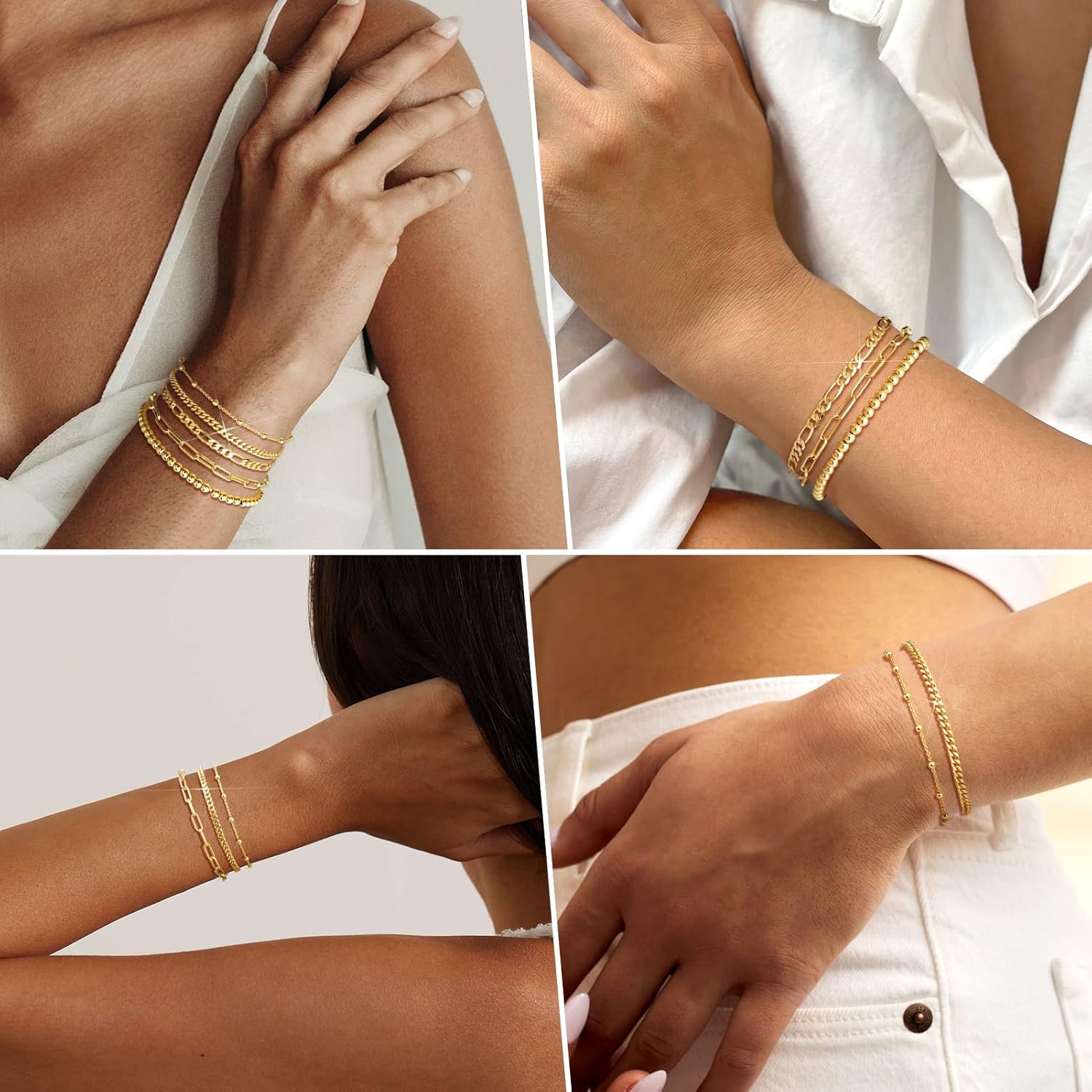 adoyi Gold Bracelets for Women, 14K Gold Plated Stackable Bracelet Stack Set Adjustable Charm Paperclip Chain Cuban Link Layered Waterproof Jewelry Sets Gifts for Womens 6.0/6.8/7.2" - Image 3