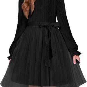 Arshiner Girls Tulle Dress Puff Long Sleeve Mock Neck Cable Knit Sweater Formal Casual Fall Winter Tutu Dresses with Belt