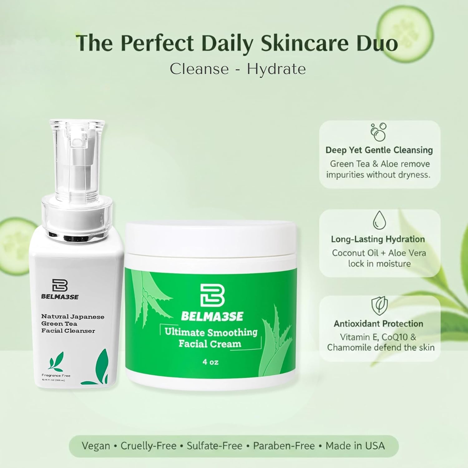 Green Tea Cleanser 10.14 Fl Oz and Hydrating Facial Cream 4 Oz Set – Clean Beauty Routine with Aloe, Cucumber, Coconut Oil & Vitamin E – Lightweight, Vegan & Cruelty-Free - Image 4