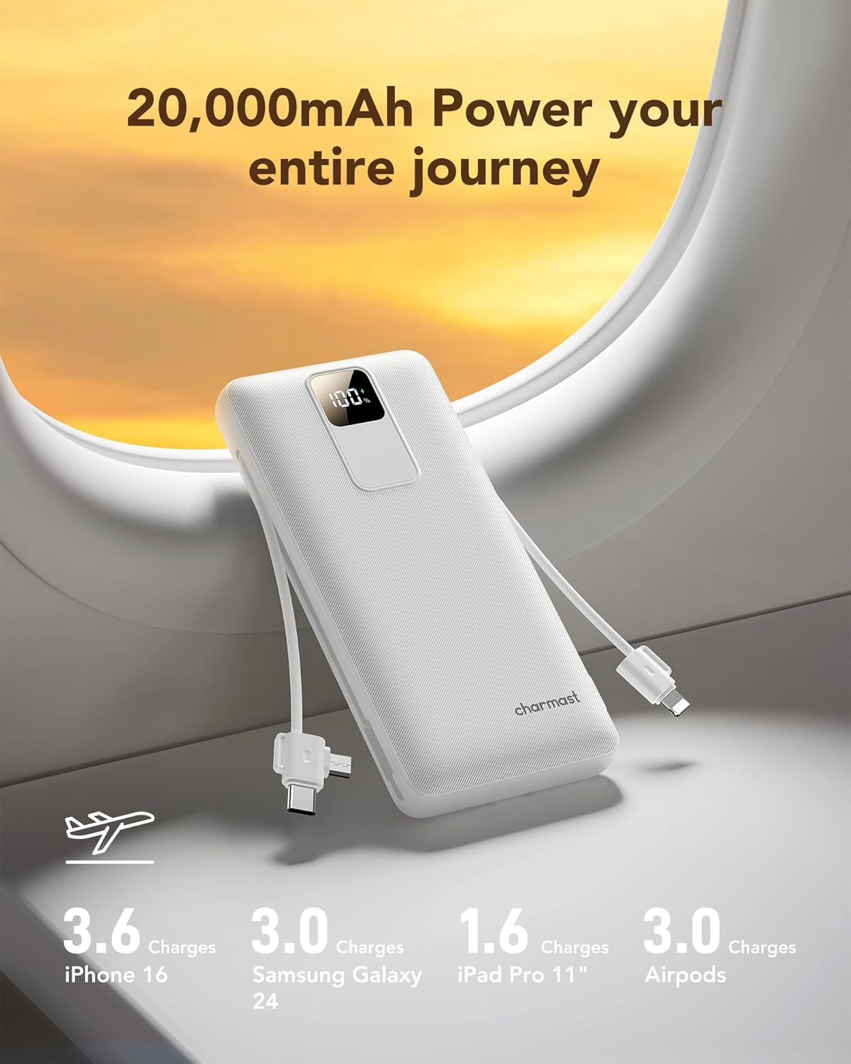 charmast 20000mAh Portable Charger with Built-in Cables & Wall Plug, 20W USB C Power Bank, Fast Charging Battery Pack Travel Essentials Compatible with iPhone 16/15/14 Series, Samsung, Google, iPad - Image 9