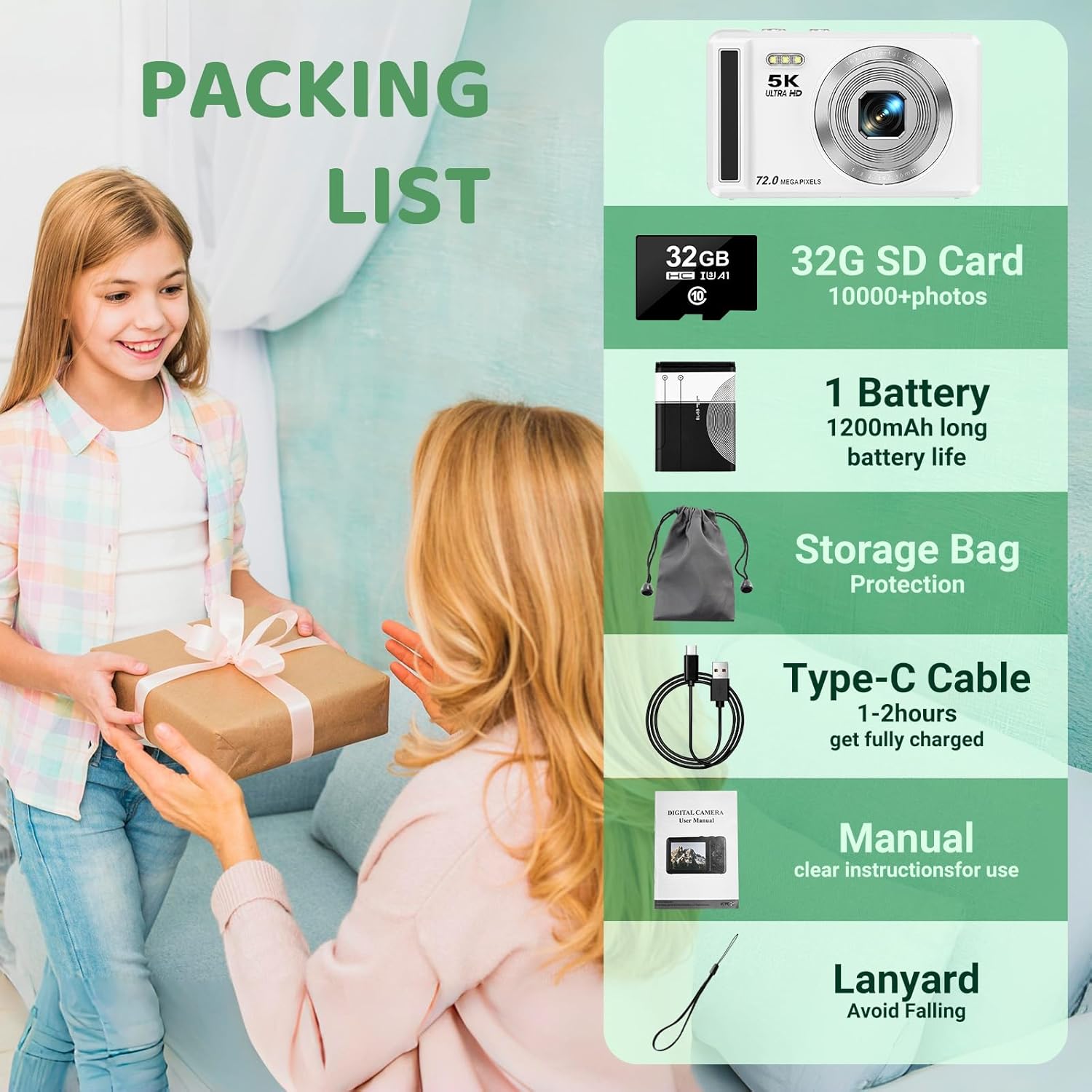 Digital Camera - 5K 72MP Vlogging Camera with 16X Zoom for Kids Autofocus Point and Shoot Photography Cameras - UHD 2.8'' Screen Compact Portable Camara with 32GB SD Card - Image 7