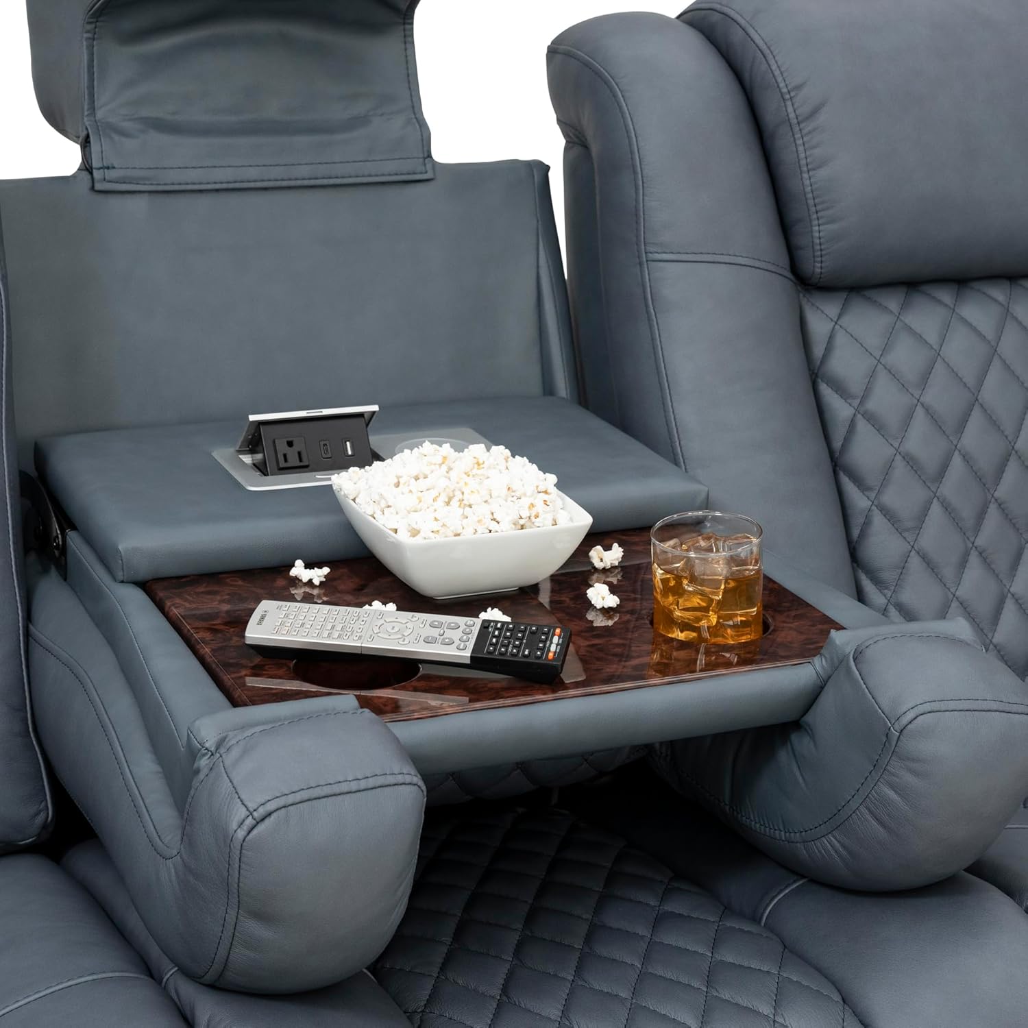 Seatcraft Anthem Italian Leather Sofa w/Fold-Down Table, Living Room, Power Headrest, Power Recline, Smokey Blue - Image 7