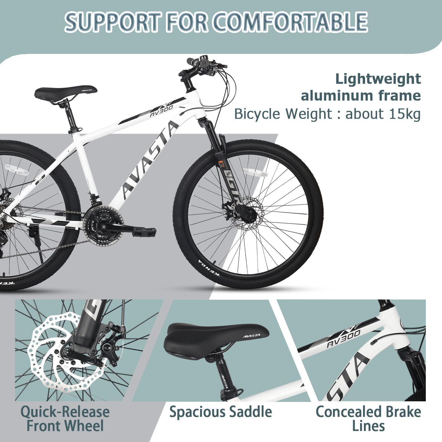 AVASTA AV300 26 27.5 inch Mountain Bike with 21-Speed,Aluminum Frame, Dual Disc Brake, Comfortable Saddle,Multiple Colors - Image 4