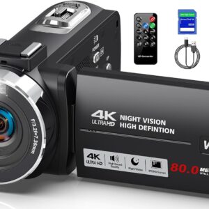 Camcorder Video Camera 4K HD 80MP Vlogging Camera for YouTube IR Night Vision Camera 18X Digital Zoom 3.0 IPS Screen Video Recorder with 32GB SD Card, 2 Batteries, Remote Control