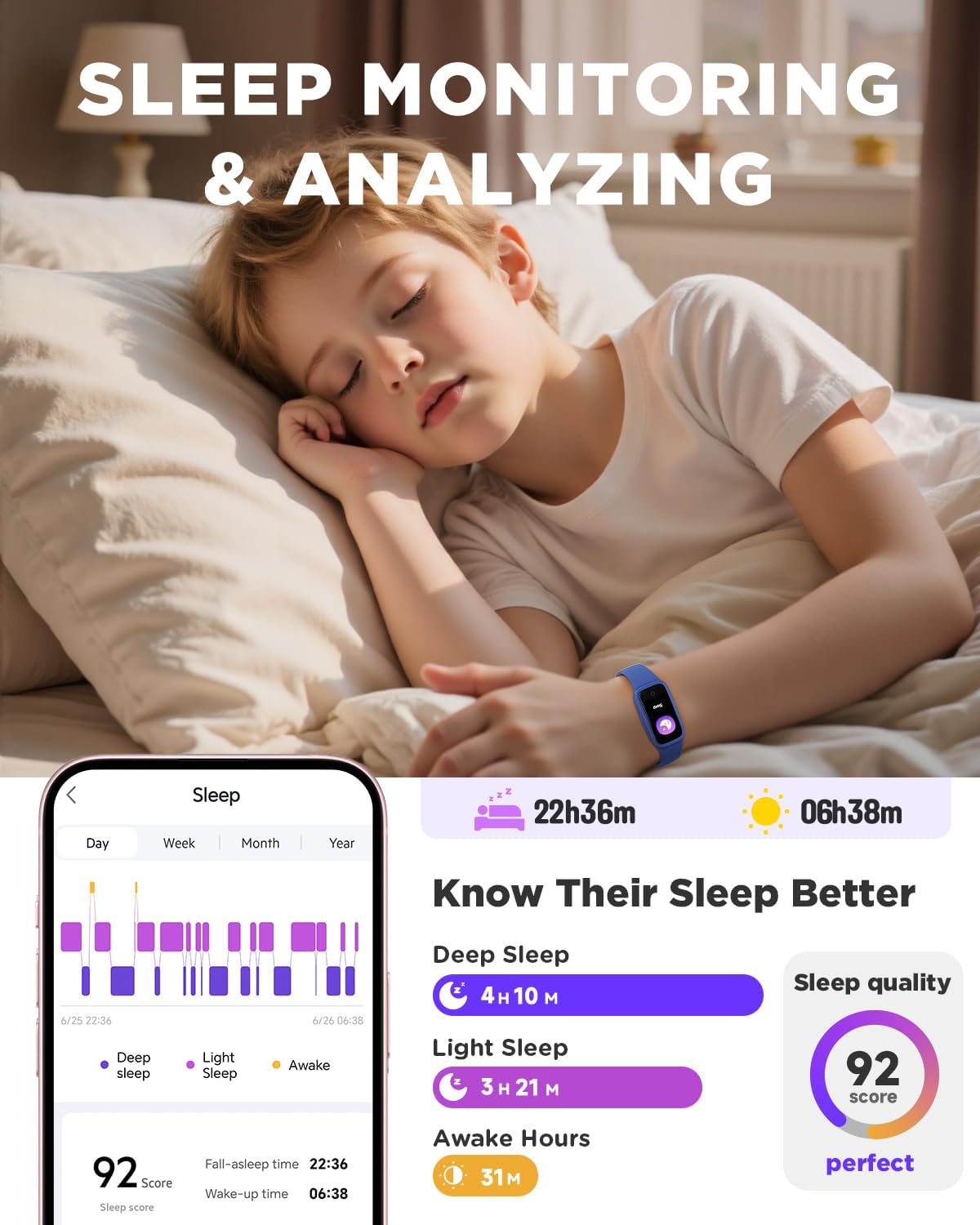 BIGGERFIVE Vigor 3 Kids Fitness Tracker Watch, AMOLED Screen, No App No Phone Needed, 3ATM Waterproof, Heart Rate and Sleep Monitor, Pedometer Watch, Sports Step Counter for Boys Girls Ages 5-15, Blue - Image 5