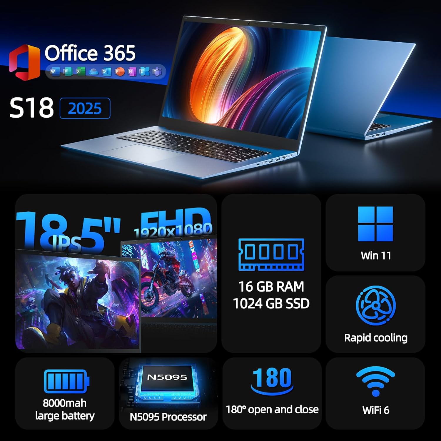 SGIN Windows 11 Laptop, 18.5 Inch Laptops with 16GB RAM 1024GB SSD, Office 365, Celeron N5095 Quad-Core(Up to 2.9GHz), Cooling Fan, WiFi 6, 8000mAh, HDMI, Business Student Computer for Work, School - Image 2