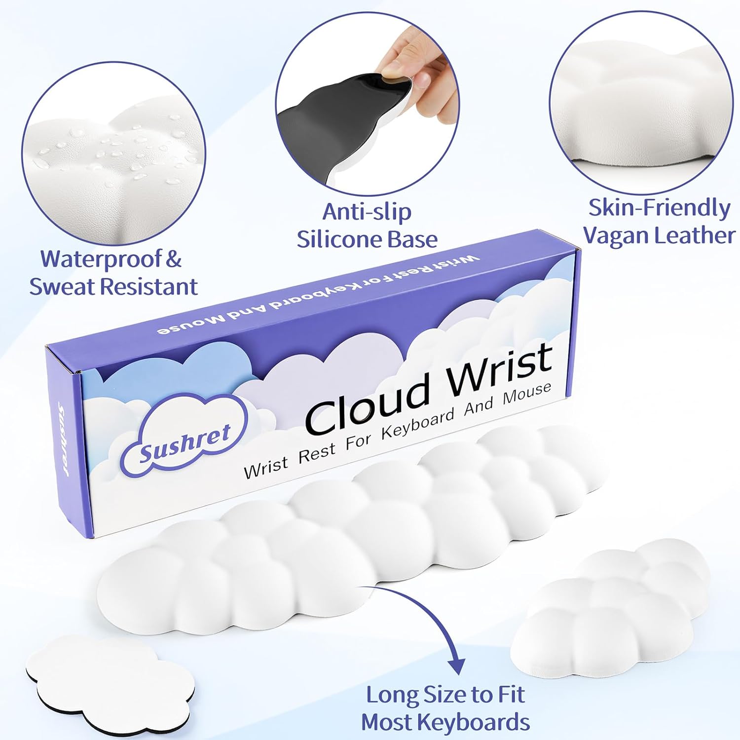 Cloud Wrist Rest Keyboard, Cloud Keyboard Wrist Pad Set with PU Leather Memory Foam, Cute Arm Rest for Palm Support, PC/Gaming Desk Accessories/Office Setup/Computer Hand Cushion - White - Image 5