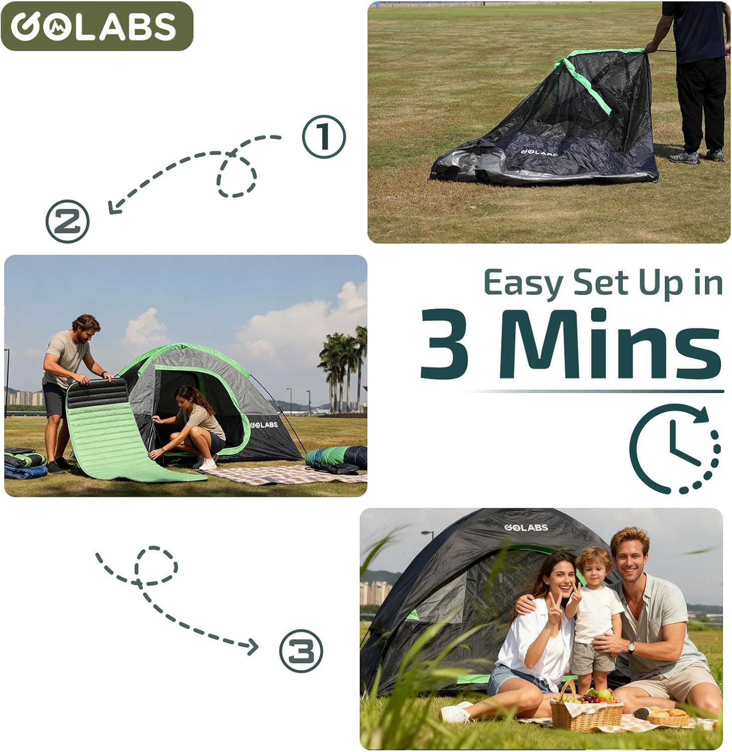 Golabs CT1 2 Person Camping Tent, Easy Set Up in 3 Mins, PU1500mm Waterproof w/Mesh Top & Door with Ventilation, Lightweight 4.4lbs Portable Family Tent with Carry Bag &Interior Storage Pockets &Hook - Image 2