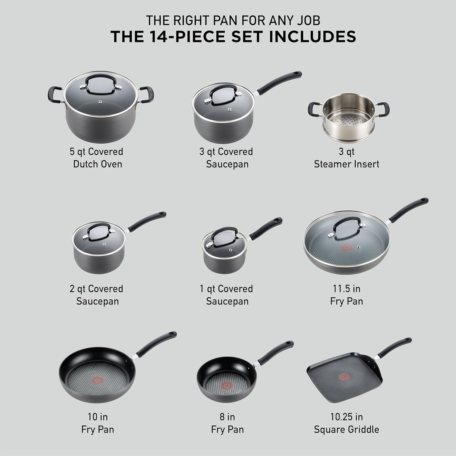 T-fal Ultimate Hard Anodized Nonstick Cookware Set 14 Piece, Oven Broiler Safe 400F, Lid Safe 350F, Kitchen Cooking Set w/Fry Pans, Saucepans, Griddle, Dutch Oven, Pots & Pans, Dishwasher Safe, Black - Image 2