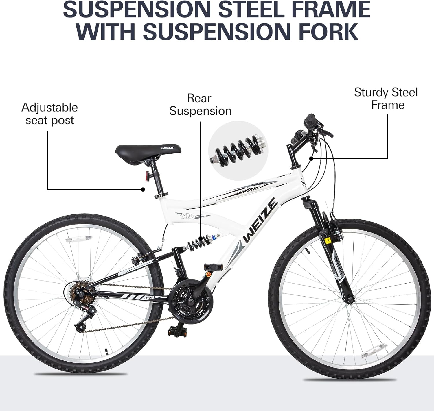 WEIZE Mountain Bike, 26/27.5 inch Outdoor Cycling Bike,18-Speed/High-Carbon Steel/Dual Full Suspension, Adjustable Ergonomic Seat for Men Women Adult, MTB Bicycle with Suspension Fork,Sleek Colors - Image 4