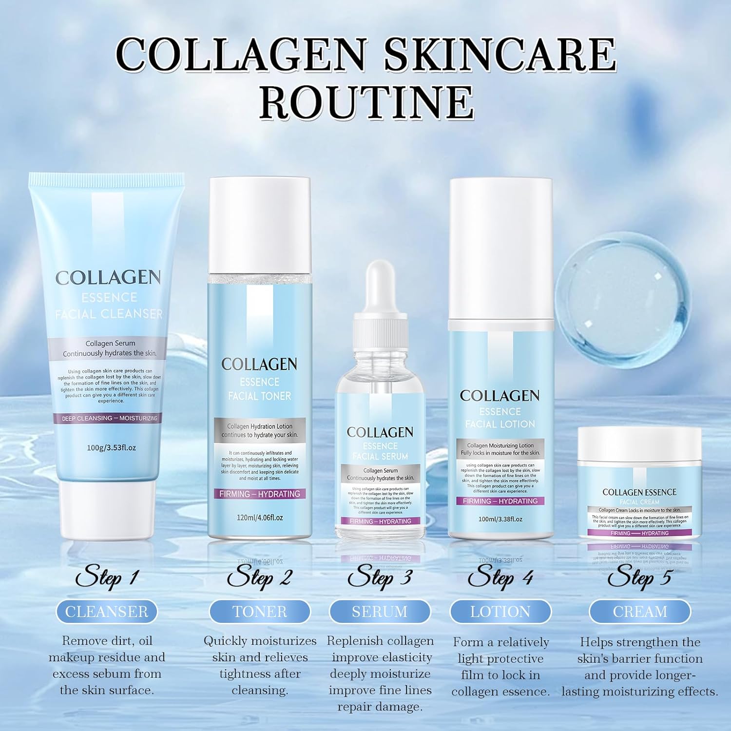 Collagen Skin Care Sets, 5 Pcs Facial Set for Skin Care for Women with Cleanser, Serum, Toner, Lotion & Cream, for Firming Skin, Reduce Wrinkles - Image 6