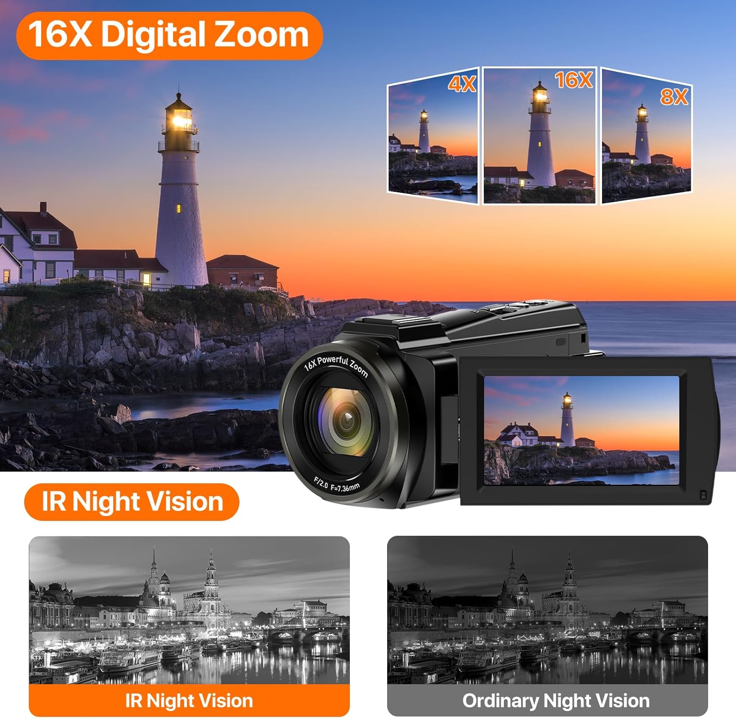 Video Camera, 5K Camcorder UHD 48MP WiFi Vlogging Camera for YouTube IR Night Vision Anti-Shake 16X Digital Zoom 3” Touch Screen Camera with Microphone,Handheld Stabilizer,Lens Hood,Remote,2 Batteries - Image 4