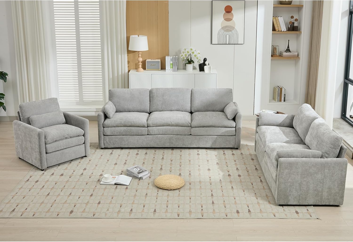 Merax 6 Seats Sofa Set, 3 Pieces Oversized Cozy Sofa Set with Double Plush Cushion, Comfy Upholstered Cloud Couches for Living Room, Light Grey - Image 5