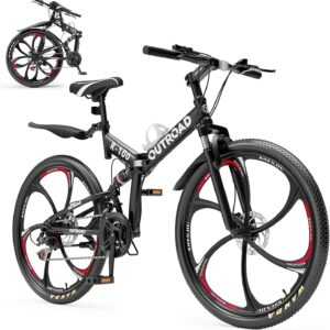 26 Inch Folding Mountain Bike, 21 Speed Full Suspension Bicycle with High-Carbon Steel, Dual Disc Brake Non-Slip Quick Release tire Folding Bicycle for Adults/Men/Women