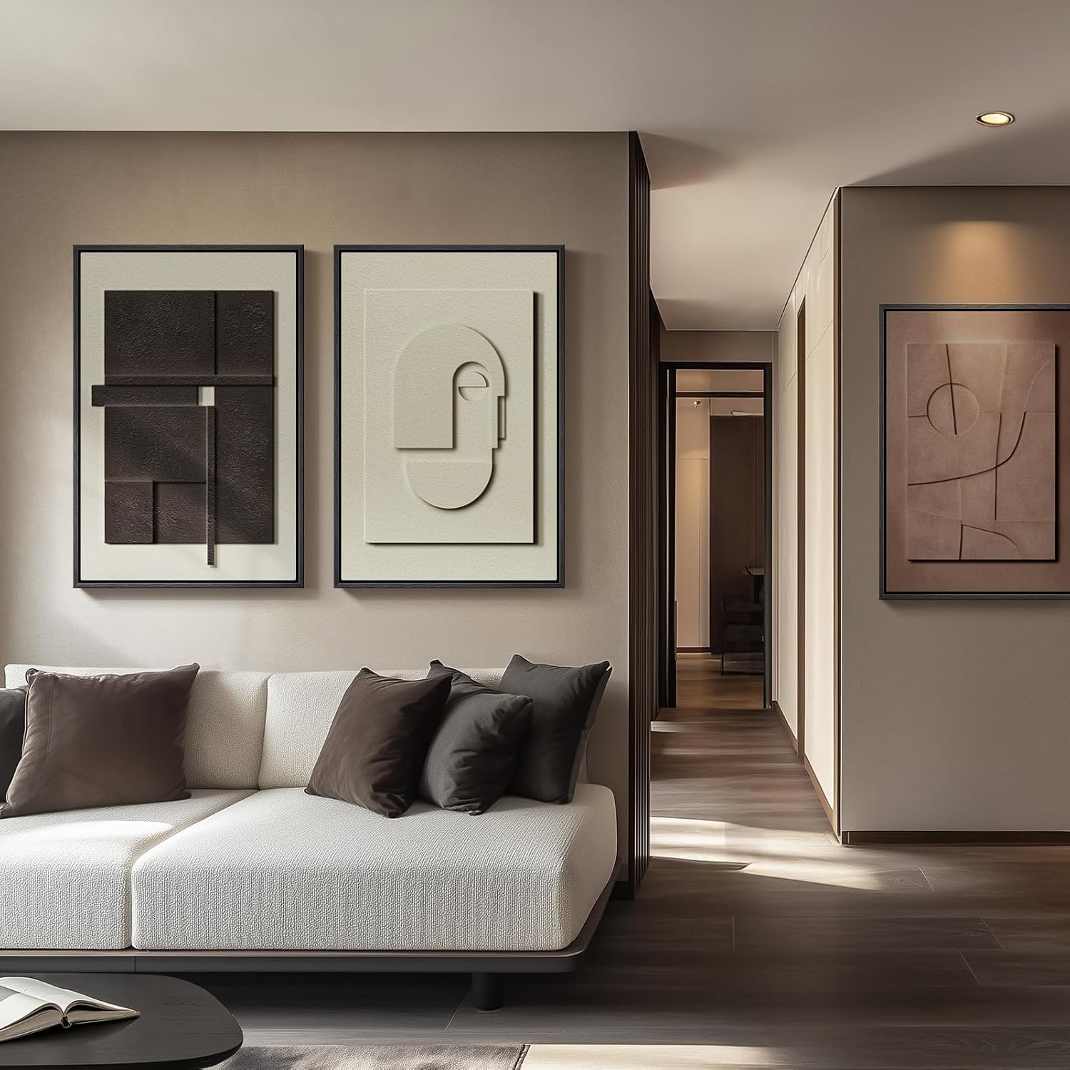 Large 3D Textured Framed Abstract Wall Art for Living Room, 3 Piece Modern Paintings Artwork for Walls, Black White Brown Geometric Sandstone Texture Pictures for Hallway Office Home Decor 24x36 In - Image 3