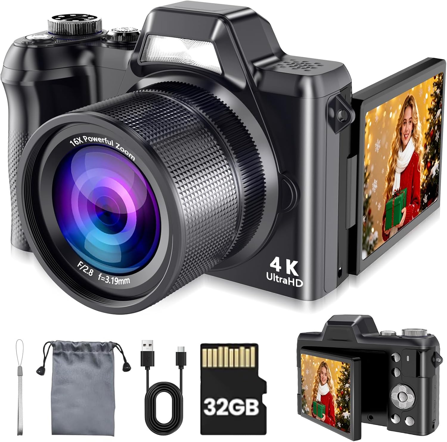 4K Digital Camera for Photography & Vlogging, 56MP Point and Shoot Digital Cameras with 180° Flip Screen, 16X Zoom Compact Travel Camera, Portable Cámara for Adults & Beginners with 32GB SD Card - Image 8