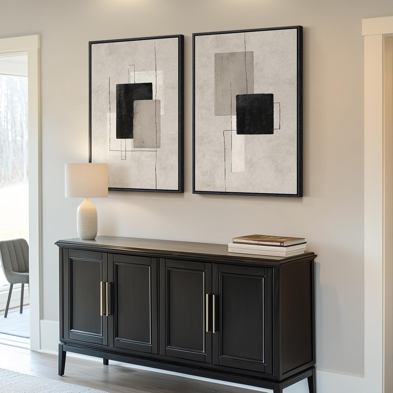 Large Framed Neutral Abstract Wall Art for Living Room, Set of 2 Black and Beige Modern Canvas Prints Paintings Artwork for Walls, Minimalist Block Lines Pictures for Hallway Office Wall Decor 24x36 In - Image 2