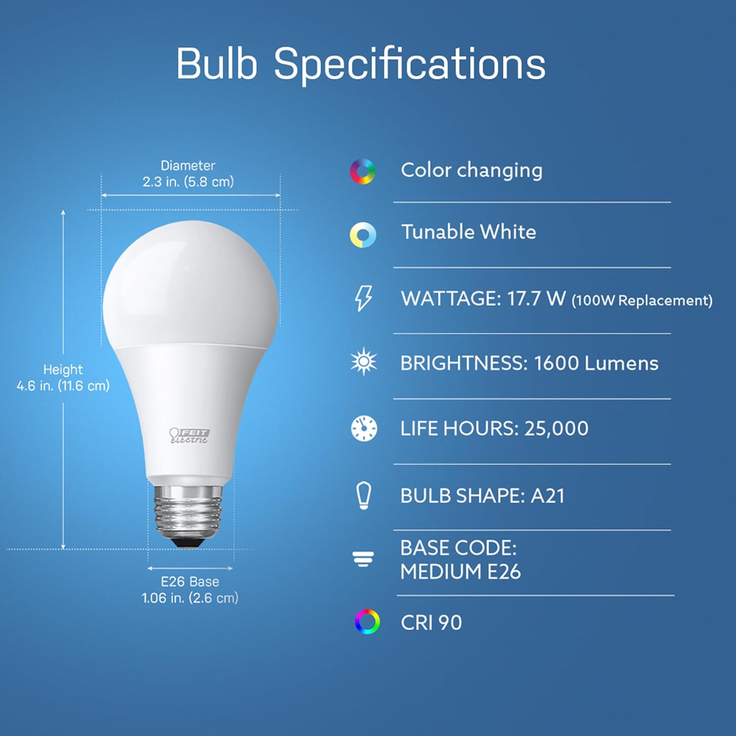 Feit Electric Smart Bulb, 100W Equivalent Color Changing and Tunable White, 2.4Ghz Wifi light bulb, No Hub Needed, Works with Alexa and Google Assistant, High CRI Dimmable LED OM100/RGBW/CA/AG, 1 Pack - Image 2