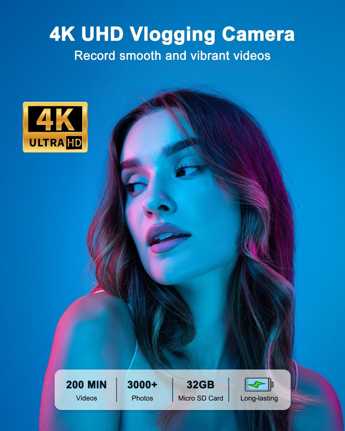 4K Digital Camera for Photography, WiFi 64MP Autofocus Vlogging Camera for YouTube, 3" 180° Flip Screen, 16X Zoom Antishake Compact Point and Shoot Travel Cameras with 32GB SD Card, 2 Batteries, Black - Image 2