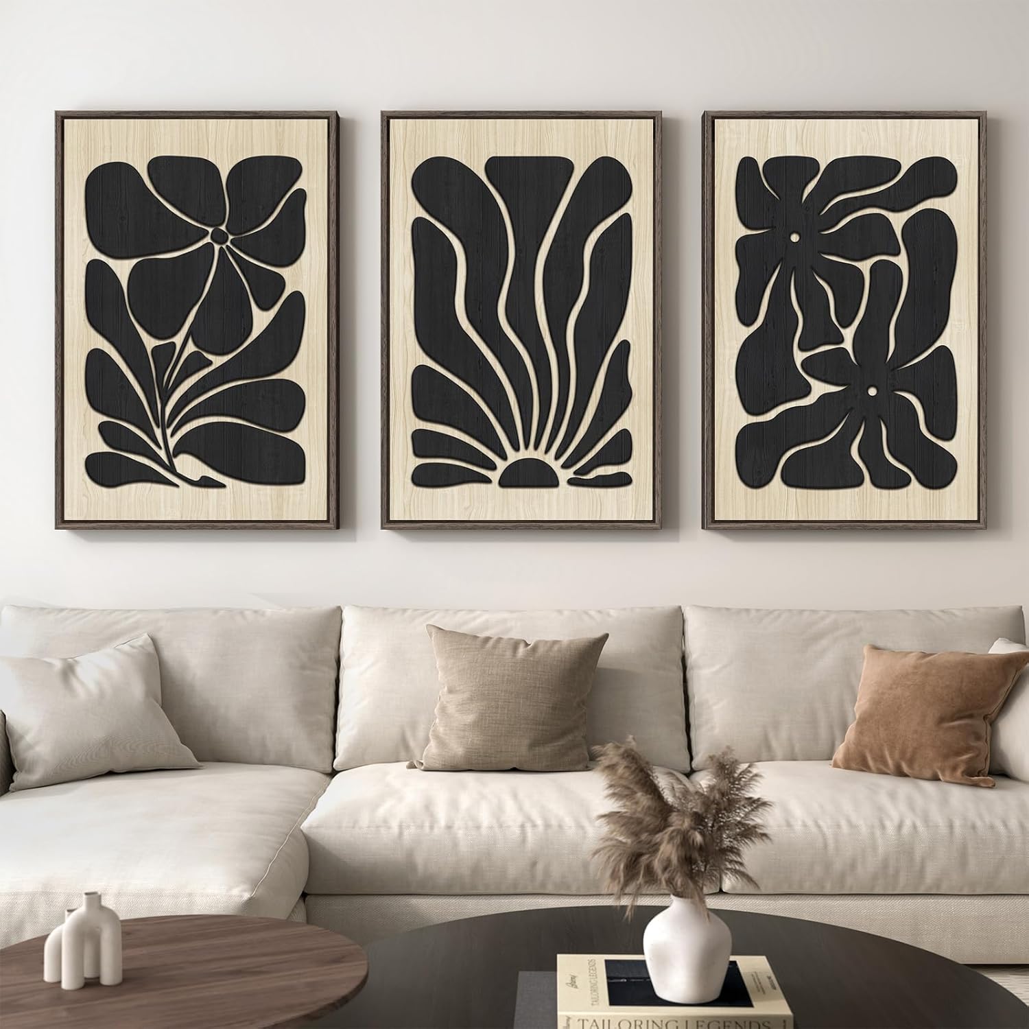 Framed Textured Wood 3D Wall Art for Living Room, Large Boho Floral Black and Beige Artwork for Walls, 3 Piece Abstract Bohemian Flower Wood 3D Art for Office Bedroom Hallway Wall decor, 24x36 Inch - Image 3