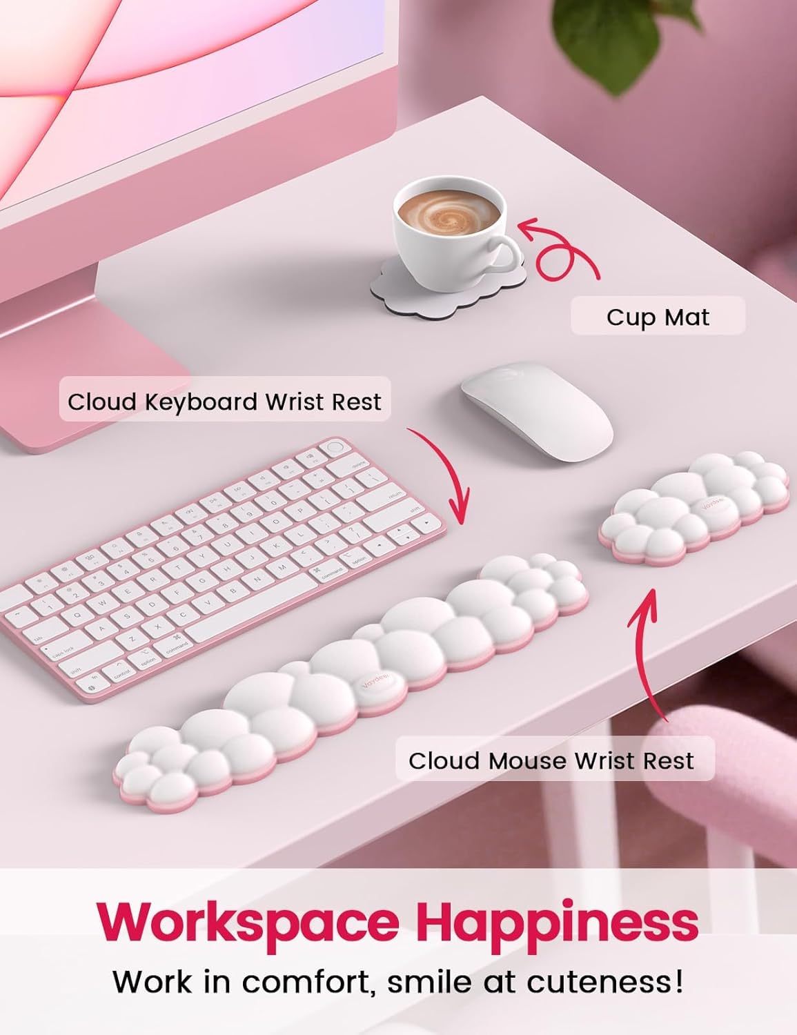Vaydeer Cloud Keyboard Wrist Rest Set – Ergonomic Memory Foam Wrist Pad for Computer, Laptop & Gaming, Non-Slip Cute Desk Accessories for Office(Keyboard Rest + Mouse Rest + Coaster) - Image 5