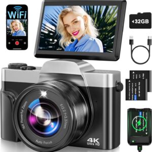 4K Digital Camera for Photography with WiFi 64MP Auto-Focus Vlogging Camera for YouTube Video 3” 180° Flip Screen 4K Cameras 16X Zoom Anti-Shake Compact Point and Shoot Cameras with SD Card