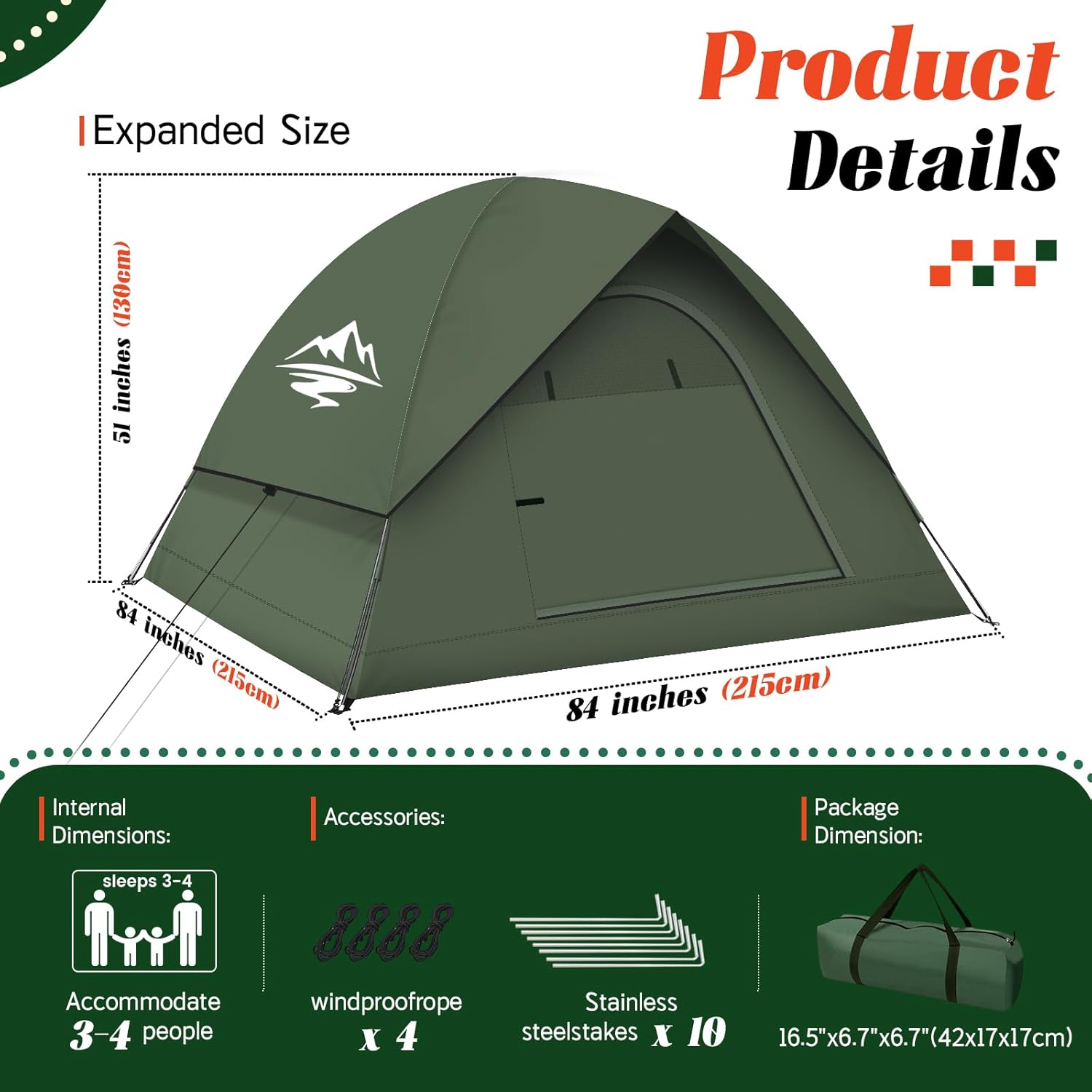 Tents for Camping 3-4 Person with Rainfly, Camping Tents Waterproof Windproof, Not Crowded for 2 Person Camping Tent, Outdoor Dome Tent Easy Setup, Backpacking Tent for Adventure Backyard - Image 8
