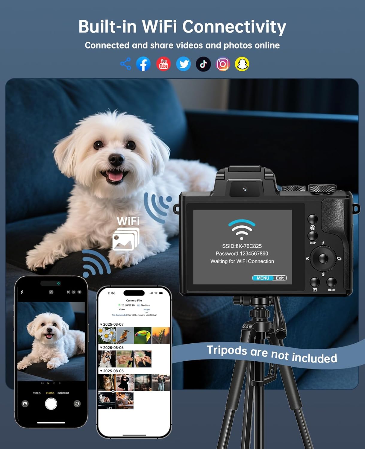 8K Digital Cameras for Photography Autofocus 88MP WiFi Professional 16X Digital Zoom Photography Camera with Dual-Lens for YouTube with Lens Hood, Touch Screen, 2 Batteries & Charging Stand - Image 5