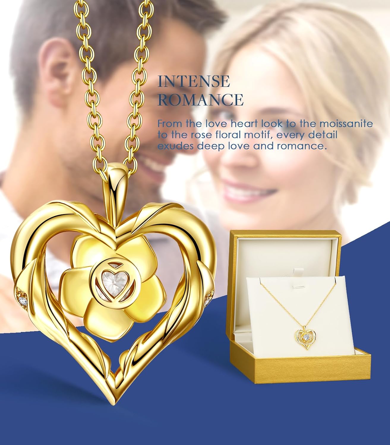 Beam & Bask Rose Flower Heart Moissanite Necklaces for Wife, S925 Silver Pendant for Women, 18K Gold Plated Jewelry for Her Girlfriend Mom for Anniversary Birthday - Image 4