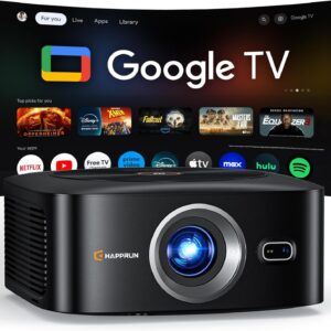 1500 ANSI Official Licensed Google TV Smart Projector, HAPPRUN 4K Full HD Home Theater with Auto Focus, Dolby Sound, Wi-Fi Bluetooth, Built-in Apps, Compatible with Phone & PC, Indoor & Outdoor Use