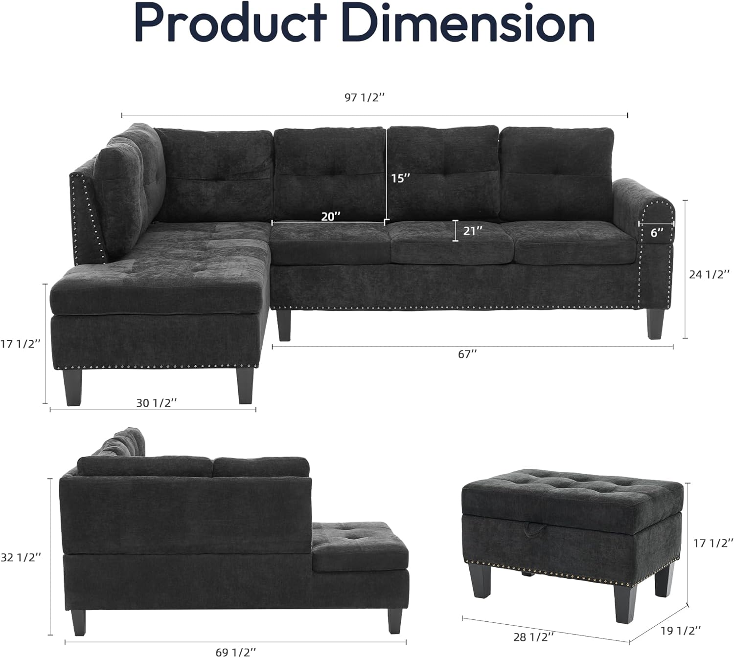 97.5" L Shaped Couch Set, Modular Sectional Couches for Living Room with Storage Ottoman, 4 Seat Home Sofa Living Room Furniture Sets with Chaise for Apartment Office (Linen, Dark Grey) - Image 2