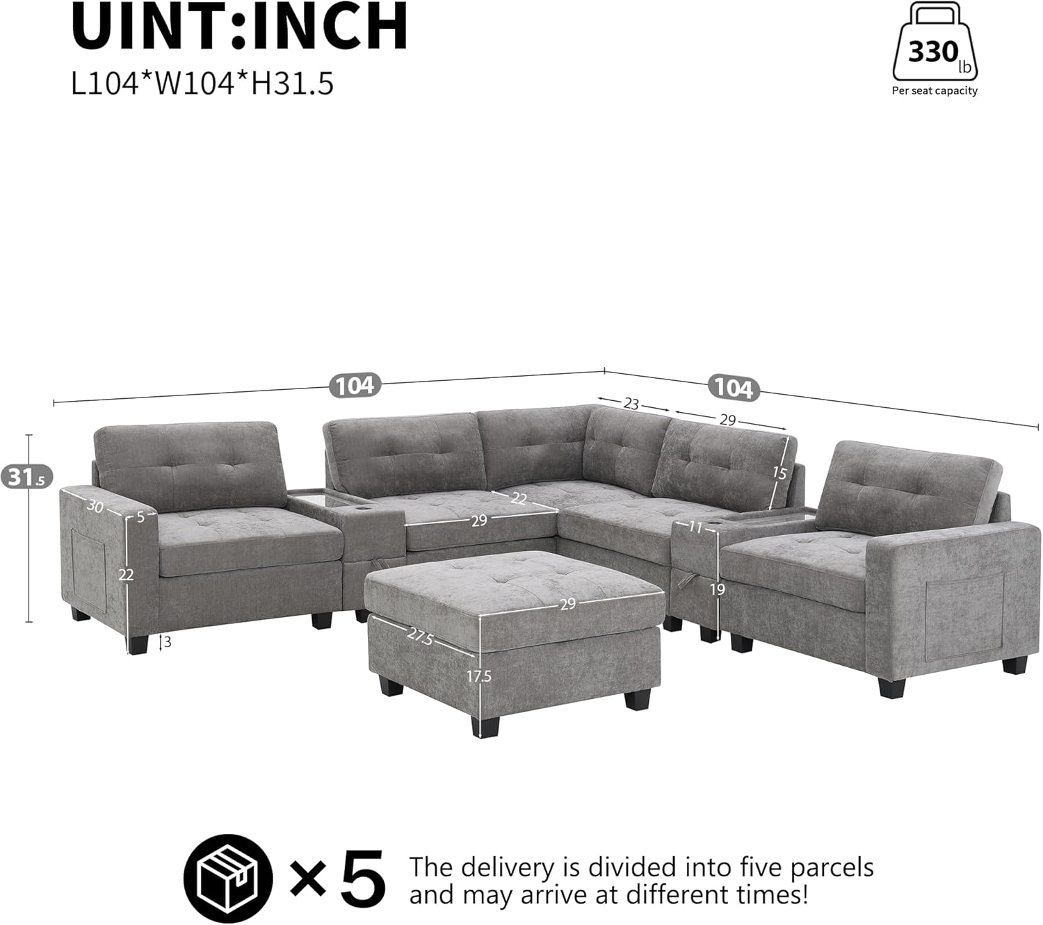 104'' Modular Sectional Sofa couch with 2 Acrylic Consoles, Oversized U Shaped Couch Set with USB Charger, Storage Drawers,Pockets and Movable Ottoman, Chenille Sectional Couches for Living Room ,Gray - Image 3