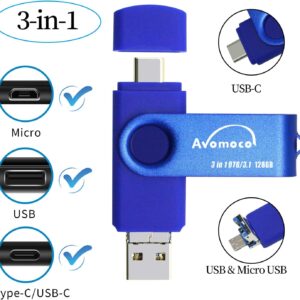 3.1 128GB 3 in1 High Speed Photo Backup Flash Drive for Android Phones wtih Type C/Micro Port&Tablets&PC. Photo-Stick-for Samsung Phones,LG,Google,Hua Wei.Moto, one Plus.etc