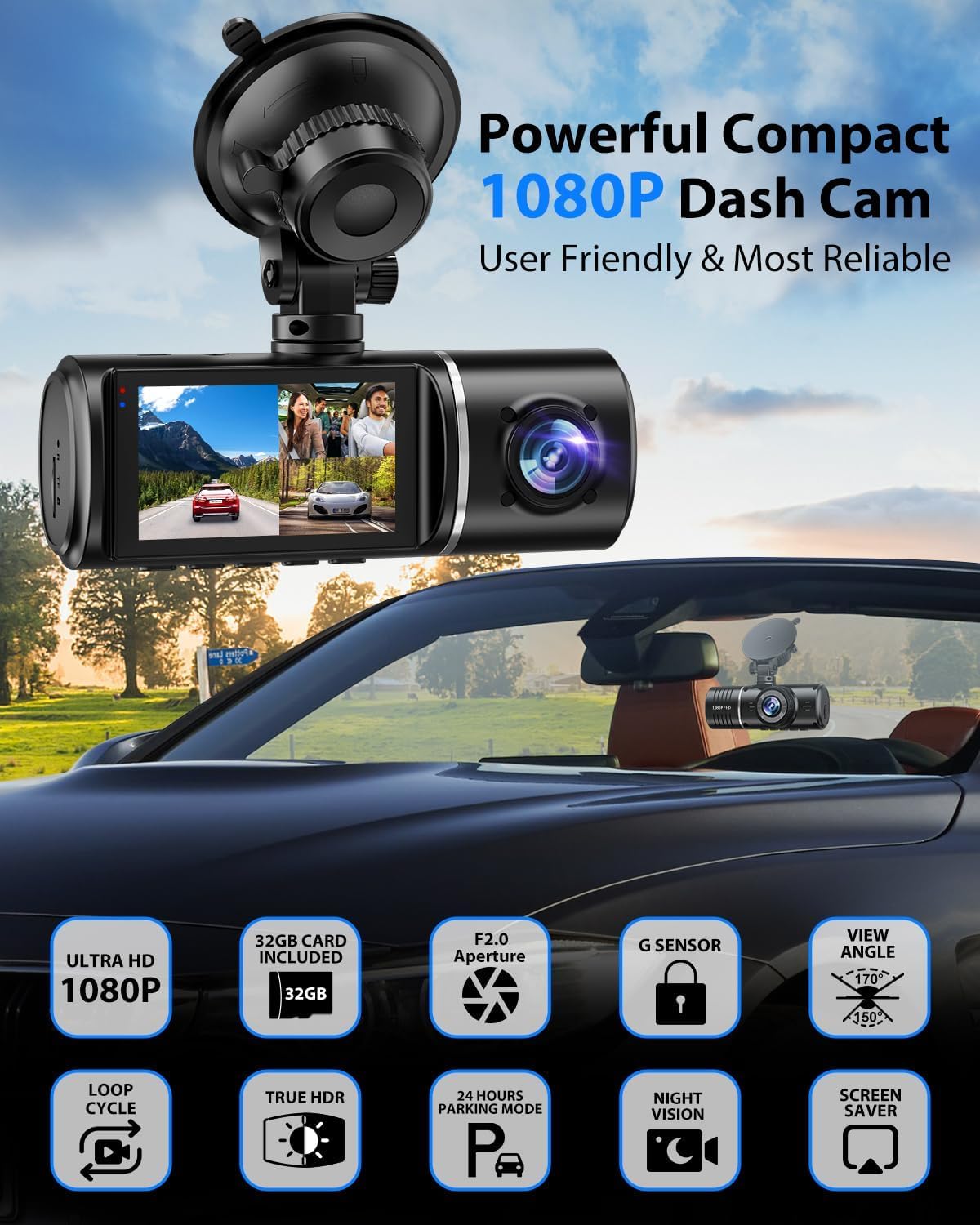 Dash Cam Front and Rear, 1080P Dash Camera for Cars, 3 Channel Car Camera Front Rear and Inside with 32GB Card, Loop Recording, Night Vision, HDR, 24Hr Parking, G-Sensor - Image 3