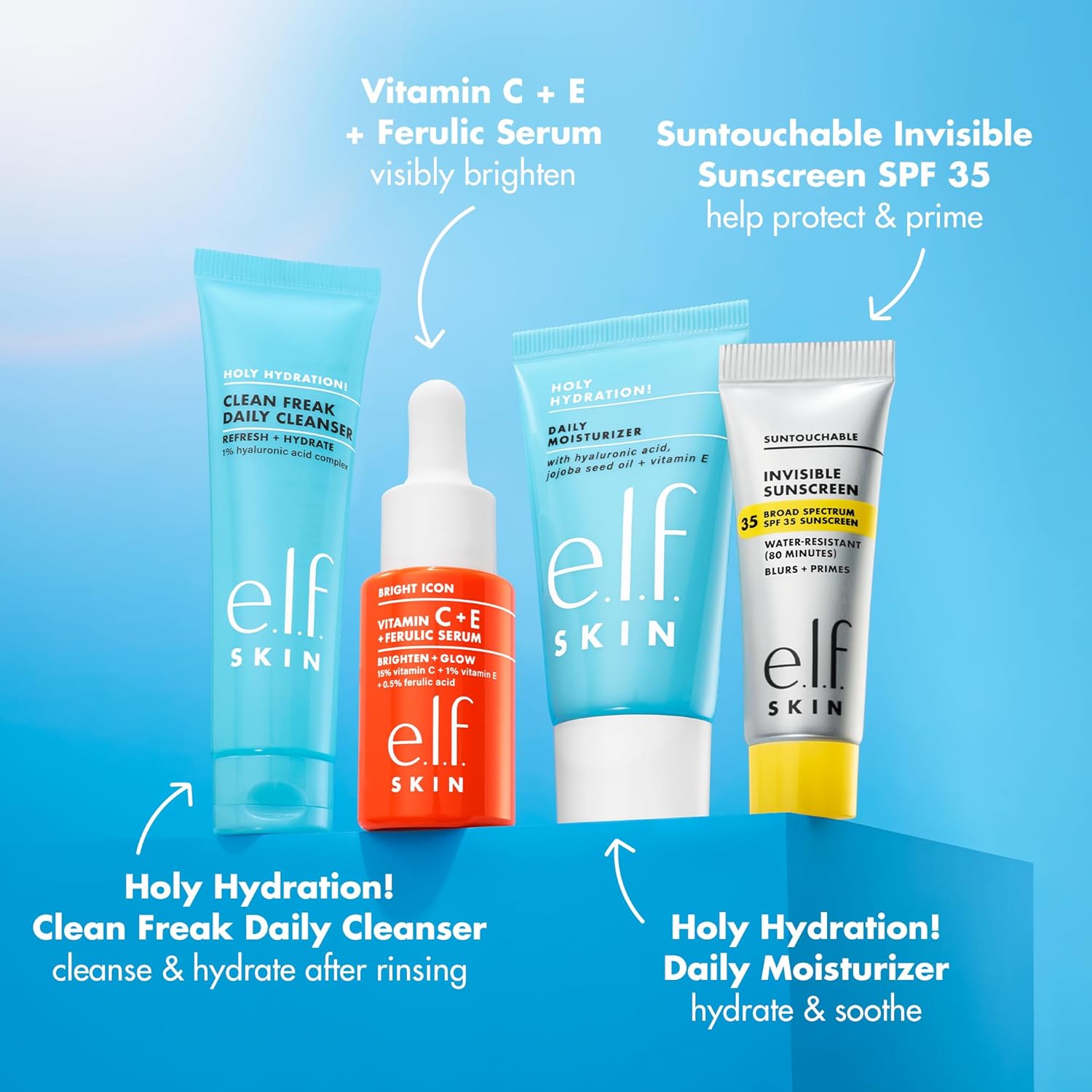 e.l.f. SKIN Wake the e.l.f. Up Skincare Kit, Travel-Size Hydrating Face Cleanser, Sunscreen, Moisturizer & Brightening Serum, Vegan & Cruelty-Free - Image 3