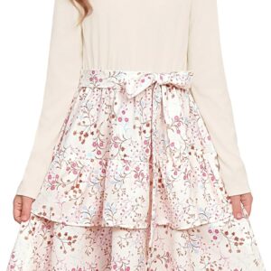 GRACE KARIN Girls Fall Long Sleeve Dresses Girl Floral Midi Dress Kids Casual Holiday Dresses with Belt Size 6-13