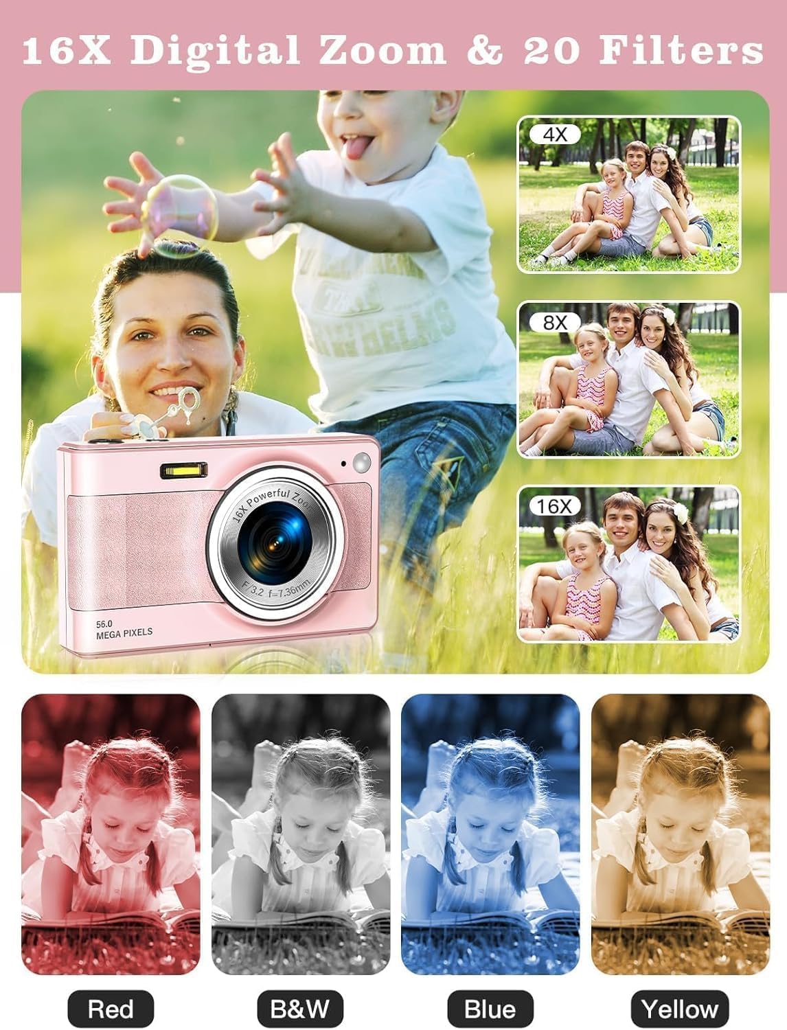 Upgrade Digital Camera, 56MP FHD 1080P Camera for Kids with 16x Zoom Anti Shake, Kid Camera with 32GB TF Card, Two Batteries, Lanyard, Compact Small for Kids Boys Girls(Pink) - Image 3