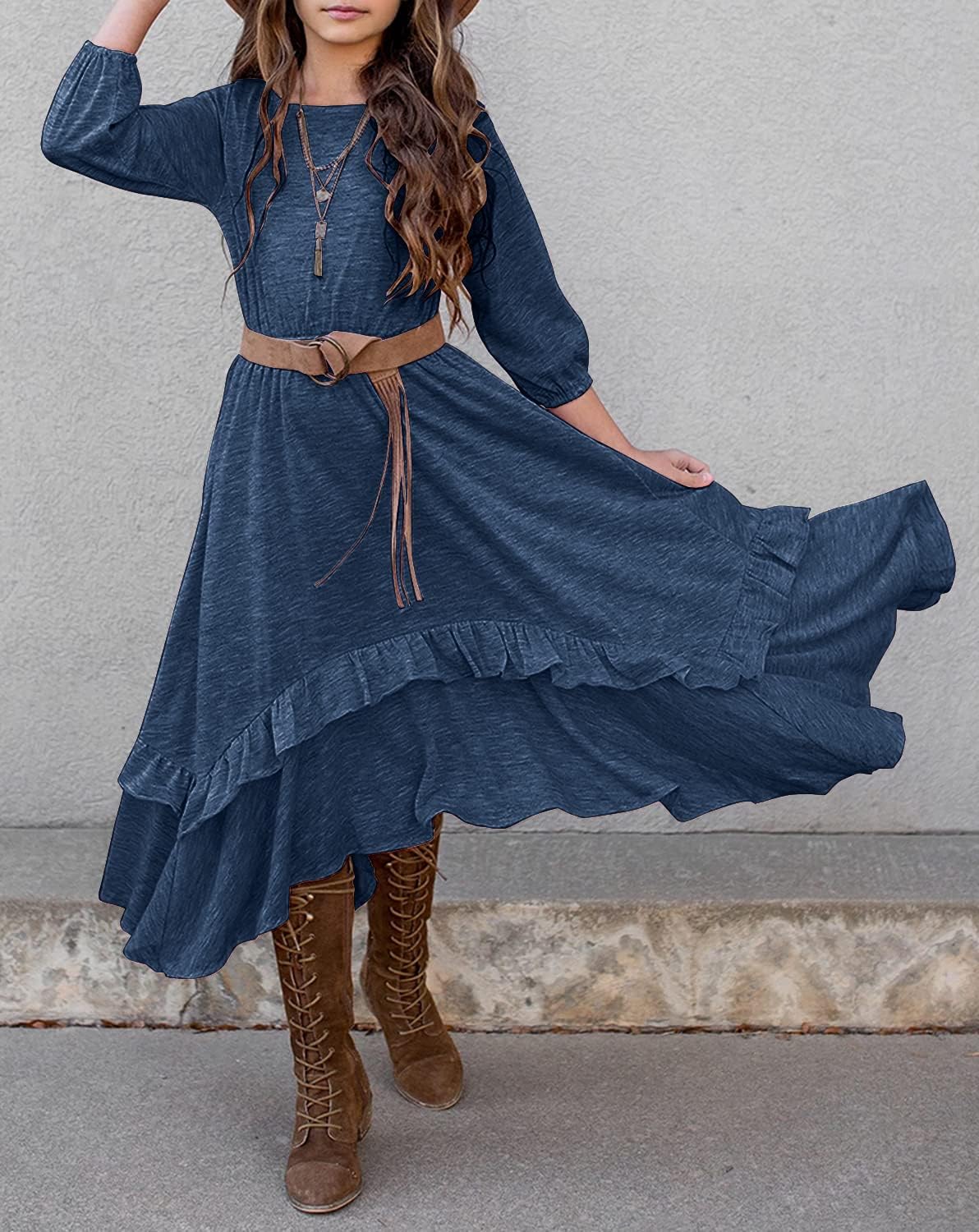 MITILLY Girls Loose Plain 3/4 Sleeve Casual Pocket Ruffle Swing Long Maxi Dress with Belt - Image 2