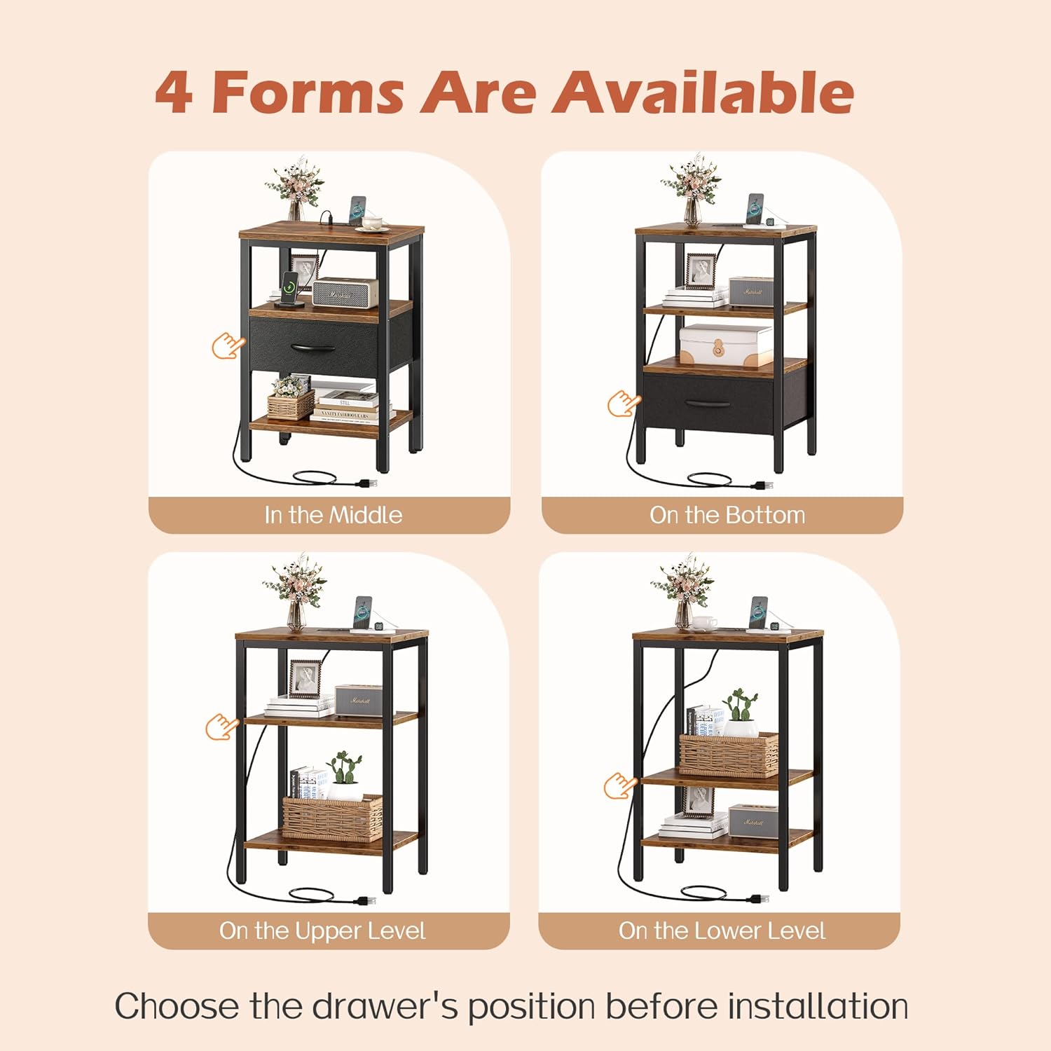 SUPERJARE Nightstand with Charging Station, Bed Side Table with Adjustable Fabric Drawer, Night Stand for Bedroom, 3-Tier Storage End Table, for Living Room, Rustic Brown and Black - Image 5