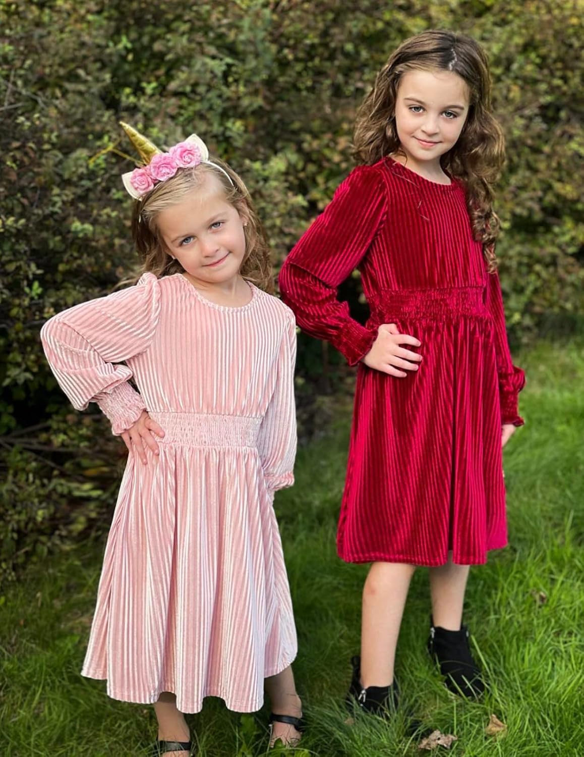 Arshiner Girls Long Sleeve Dress Velvet Crew Neck Midi Fall Vintage Plain Dress for Kids 4-13Y - Image 5