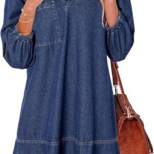 Dokotoo Denim Dress for Women Summer Casual Babydoll 2026 V Neck 3/4 Puff Sleeve Jean Dresses