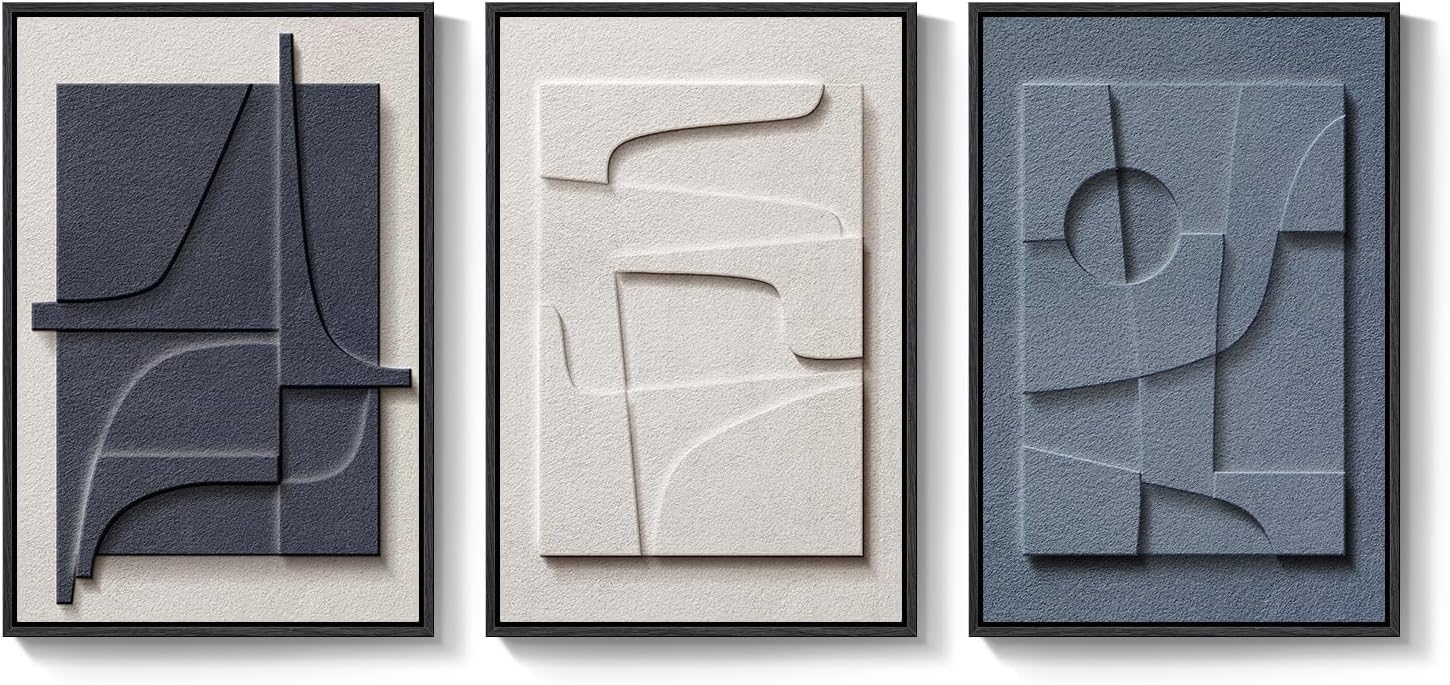 Large 3D Textured Framed Blue and White Abstract Wall Art for Living Room, 3 Piece Modern Artwork for Walls, Minimalist Navy Blue Geometric Paintings for Hallway, Stair, Office Wall Decor 24x36 In - Image 8